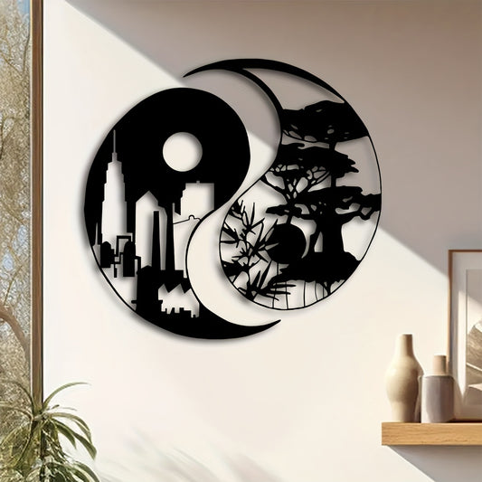 Elegant Yin Yang Metal Wall Art Set of 2 - 15.7" Urban & Landscape Sculptures, Indoor/Outdoor Iron Decor for Home, Patio, Balcony - Perfect Housewarming Gift