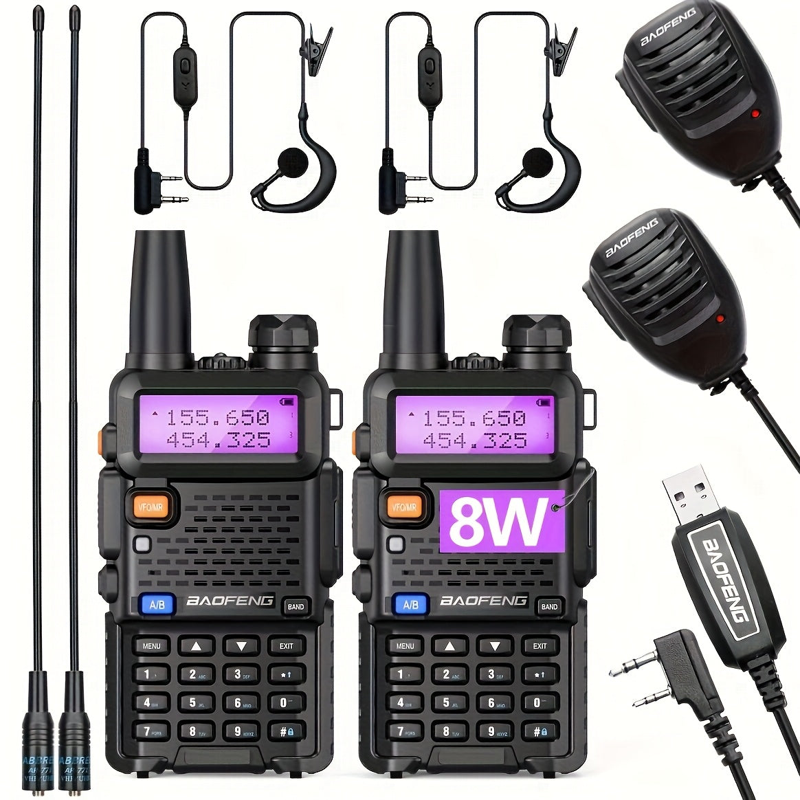2 Baofeng Walkie Talkies, Handheld Rechargeable Two-way Radio, Long-distance Portable Radio with Speaker Microphone Programming Cable And NA-771 Long Antenna, Suitable for Travel, Survival, Hiking, Cycling, Work, Camping, Fis
