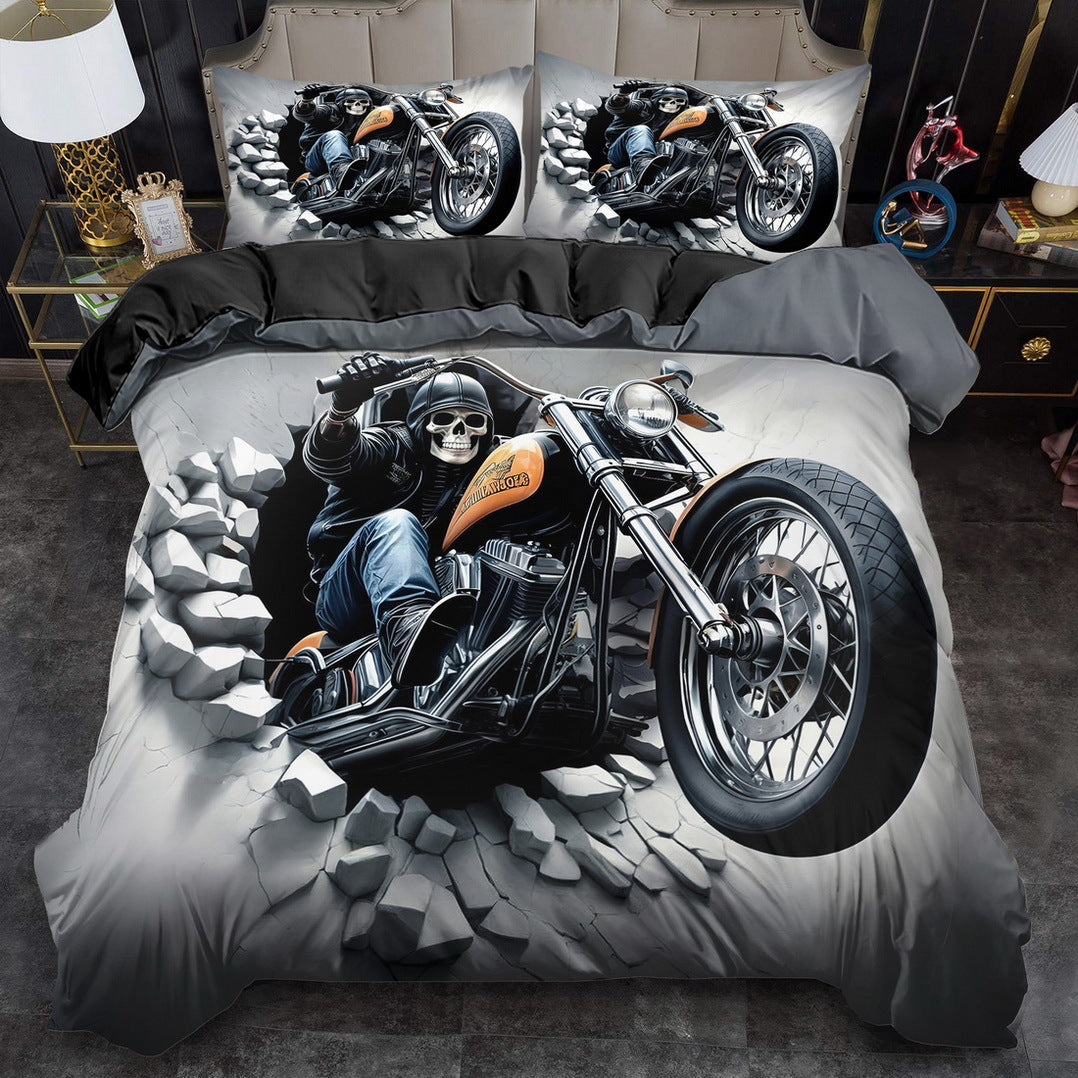 2/ 3pcs Quilt Cover Set, Motorcycle Skeleton Print Duvet Cover Set, King Queen Style Bedding Set, Polyester Machine Washable, Quilt Decoration, Bedroom Guest Room, Birthday Gift (Includes 1 Duvet Cover + 1 or 2 Pillowcases, N