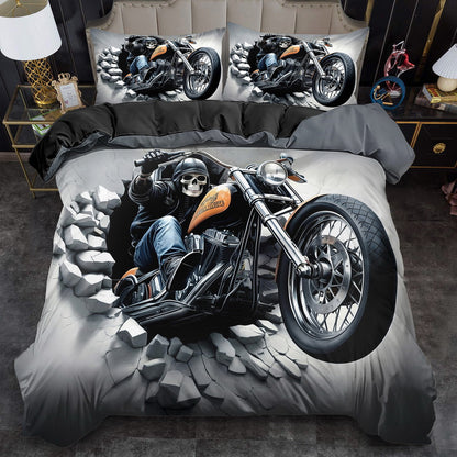 2/ 3pcs Quilt Cover Set, Motorcycle Skeleton Print Duvet Cover Set, King Queen Style Bedding Set, Polyester Machine Washable, Quilt Decoration, Bedroom Guest Room, Birthday Gift (Includes 1 Duvet Cover + 1 or 2 Pillowcases, N