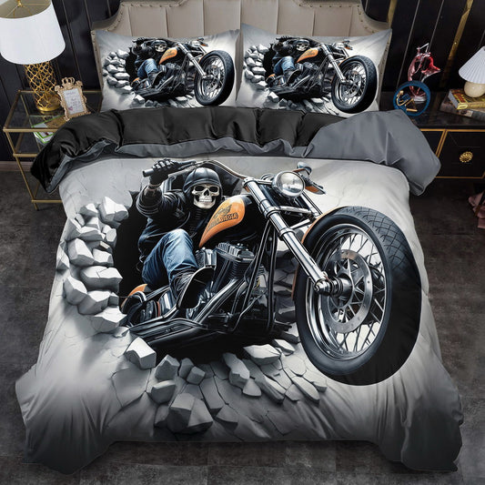 2/ 3pcs Quilt Cover Set, Motorcycle Skeleton Print Duvet Cover Set, King Queen Style Bedding Set, Polyester Machine Washable, Quilt Decoration, Bedroom Guest Room, Birthday Gift (Includes 1 Duvet Cover + 1 or 2 Pillowcases, N