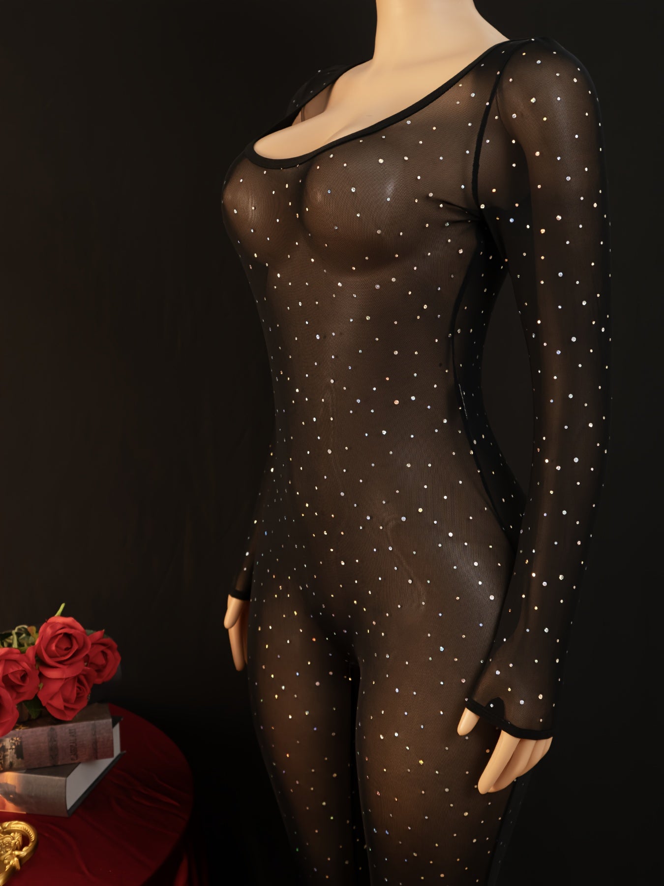 Women'S Elegant Sexy Black Sequin & Mesh Onesie - Lace Trim Full Coverage Bodysuit, Stretchy Elegant Party Outfit for Nightclub, Formal Events, Photo Shoots - Sexy Clubwear Clothing for Women Adults, Sexy Clothes for Women, N