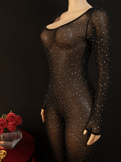 Women'S Elegant Sexy Black Sequin & Mesh Onesie - Lace Trim Full Coverage Bodysuit, Stretchy Elegant Party Outfit for Nightclub, Formal Events, Photo Shoots - Sexy Clubwear Clothing for Women Adults, Sexy Clothes for Women, N