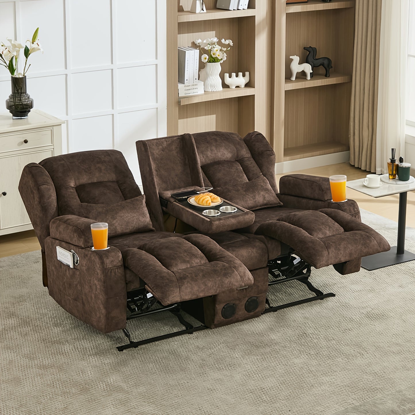 68" Rocker Recliner Loveseat Sofa with Console - Manual Reclining Rocking Chair, Faux Leather, USB Outlets & Side Pockets, Metal Frame, 110-240V Plug Powered