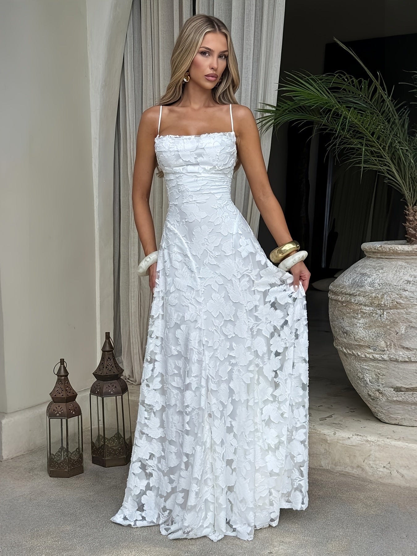Elegant -Line Maxi Dress - Spaghetti Strap Square Neck Ruched Back Crisscross Suspender Dress, Solid Color Formal Party Wedding Guest Gown, Slim-Fit European Luxury Evening Dress for Spring/Summer (Machine Washable)