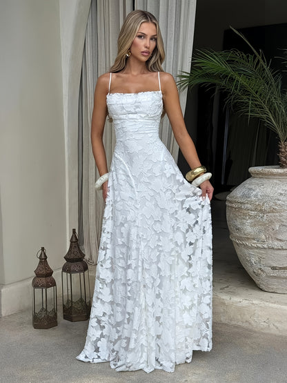 Elegant -Line Maxi Dress - Spaghetti Strap Square Neck Ruched Back Crisscross Suspender Dress, Solid Color Formal Party Wedding Guest Gown, Slim-Fit European Luxury Evening Dress for Spring/Summer (Machine Washable)