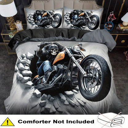 2/ 3pcs Quilt Cover Set, Motorcycle Skeleton Print Duvet Cover Set, King Queen Style Bedding Set, Polyester Machine Washable, Quilt Decoration, Bedroom Guest Room, Birthday Gift (Includes 1 Duvet Cover + 1 or 2 Pillowcases, N