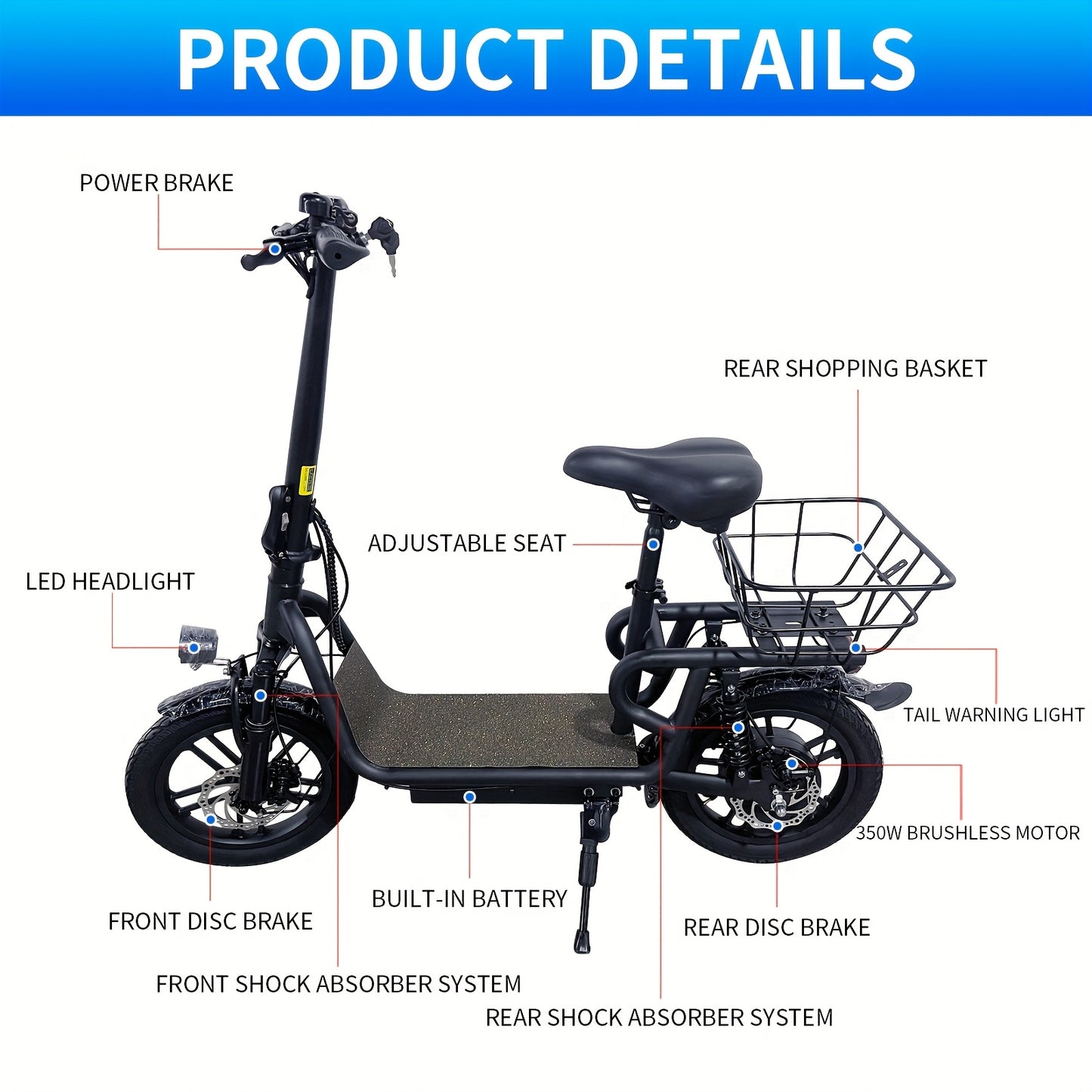 Folding Electric Scooter - 350W Motor, Portable Electric Scooter for Urban Use, 6AH/7.5AH Lithium Batteries, 25km Range & 25km/h Top Speed, 12"/14" Inflatable Tires, Front/Rear Disc Brakes+ Rear E-Brake, 264.55LB Max Load, Su