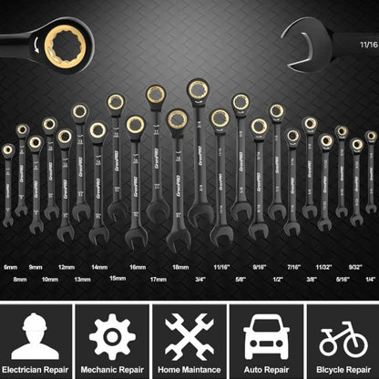 23pcs SAE Metric & Standard Ratcheting Wrench Set with Organizer Box - 1/4" to 3/4" Drive, Electrophoretic Coating, Open End Wrenches for Mechanics, Automotive Repair Tools, Mechanic Tool Set|Ratcheting Wrenches|Durable Const
