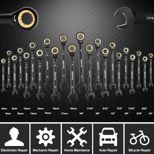 23pcs SAE Metric & Standard Ratcheting Wrench Set with Organizer Box - 1/4" to 3/4" Drive, Electrophoretic Coating, Open End Wrenches for Mechanics, Automotive Repair Tools, Mechanic Tool Set|Ratcheting Wrenches|Durable Const