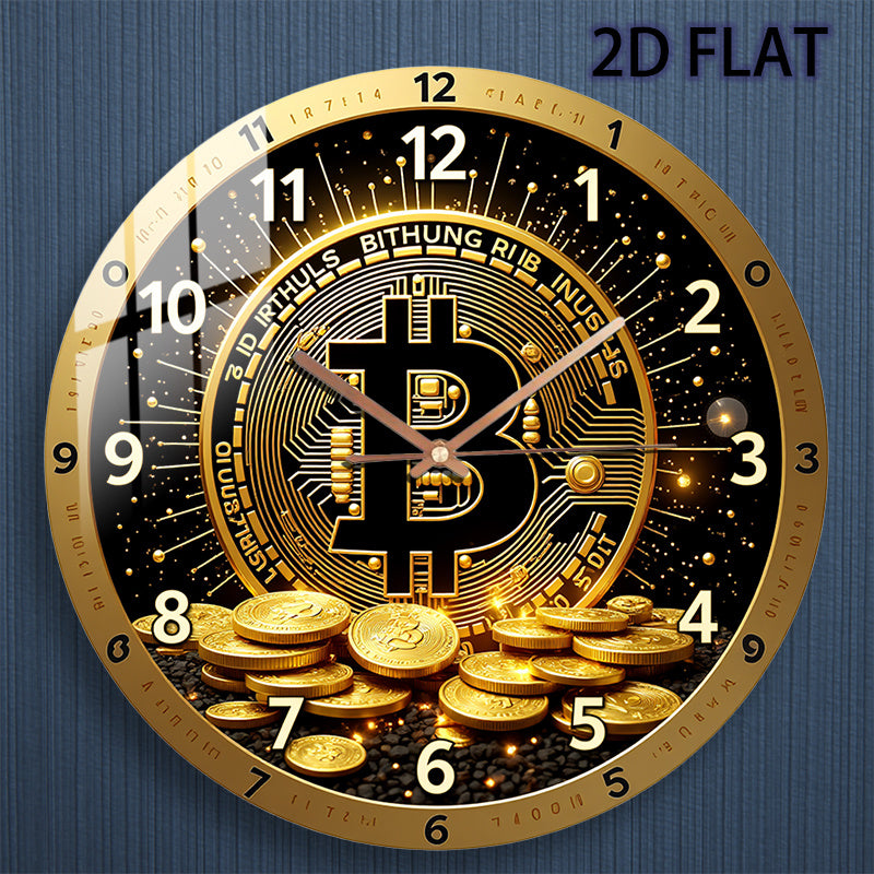 12-Inch Bitcoin Cryptocurrency Glass Wall Clock - Silent Quartz Movement with Golden ₿ Symbol & Circuit Board Design, Modern Minimalist Crypto Decor for Home Office, Bitcoin Price Display, Durable Glass Face (AA Battery Not