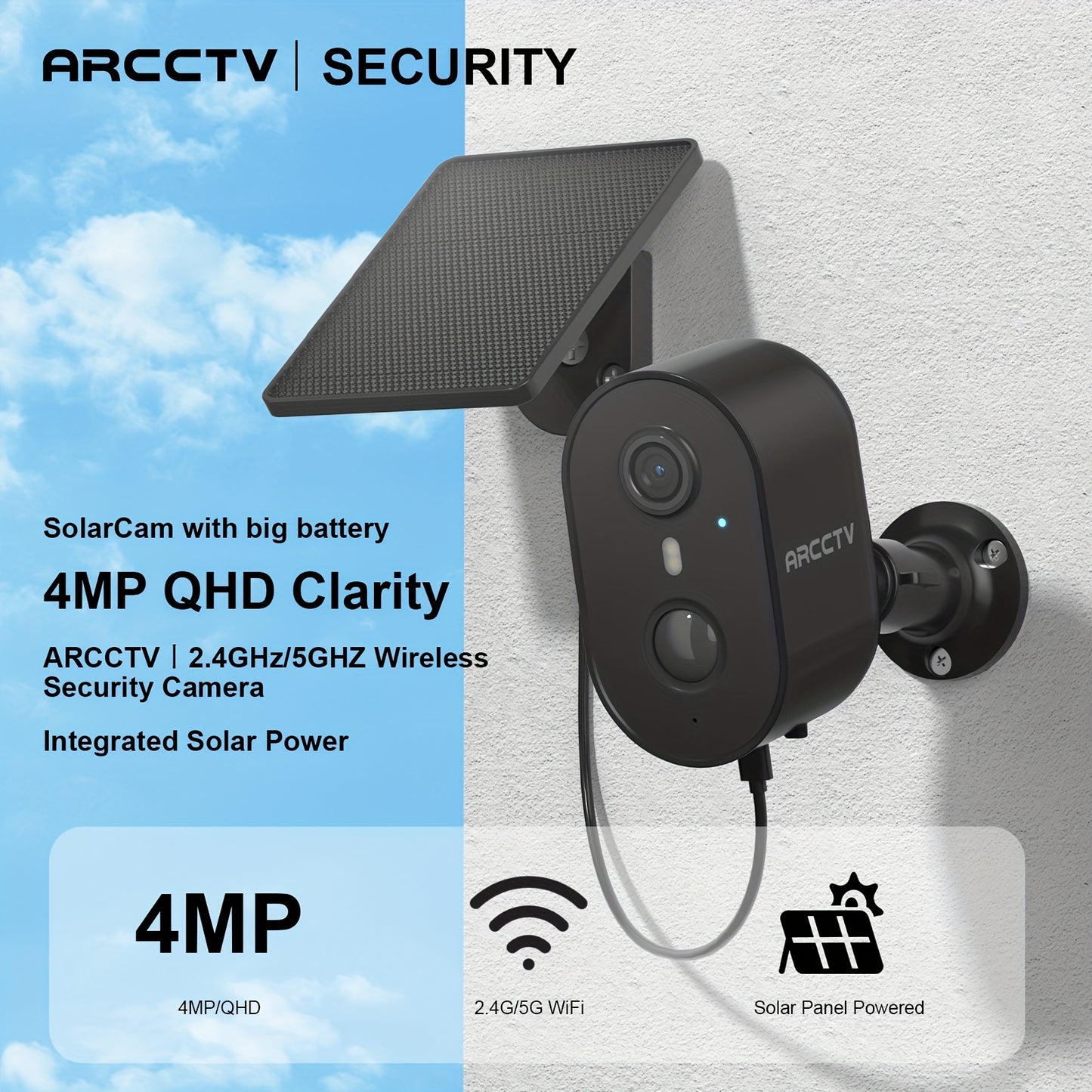 4MP Outdoor Security Camera With Solar Panel, Battery, Wireless Surveillance Camera, PIR Motion Detection And Alarm, Colour Night Vision, SD/Cloud Storage, Alexa Supported, 2-Way Audio, Black, 2.4G/5G WIFI