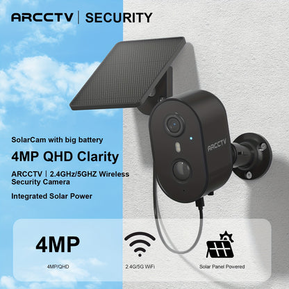 4MP Outdoor Security Camera With Solar Panel, Battery, Wireless Surveillance Camera, PIR Motion Detection And Alarm, Colour Night Vision, SD/Cloud Storage, Alexa Supported, 2-Way Audio, Black, 2.4G/5G WIFI