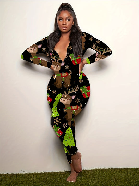 Women'S Christmas Print Off-Shoulder Long Sleeve Jumpsuit - Sexy V-Neck Button-Up Romper with Reindeer & Snowflake Design, Stretchy Polyester Blend, Machine Washable, Perfect for Holiday Loungewear & Sleepwear, Christmas Romp
