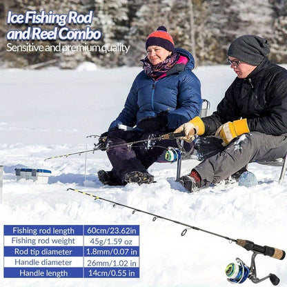 Complete Ice Fishing Rod and Reel Combo Set with Backpack, Seat, Cleats, Jigs, Line - 24/26, Medium-Light Power, Right-Handed, Fast Action, Fluorosint 500 PTFE, Ideal for Winter Fishing, Ice Fishing Gear | Camouflage Backpack