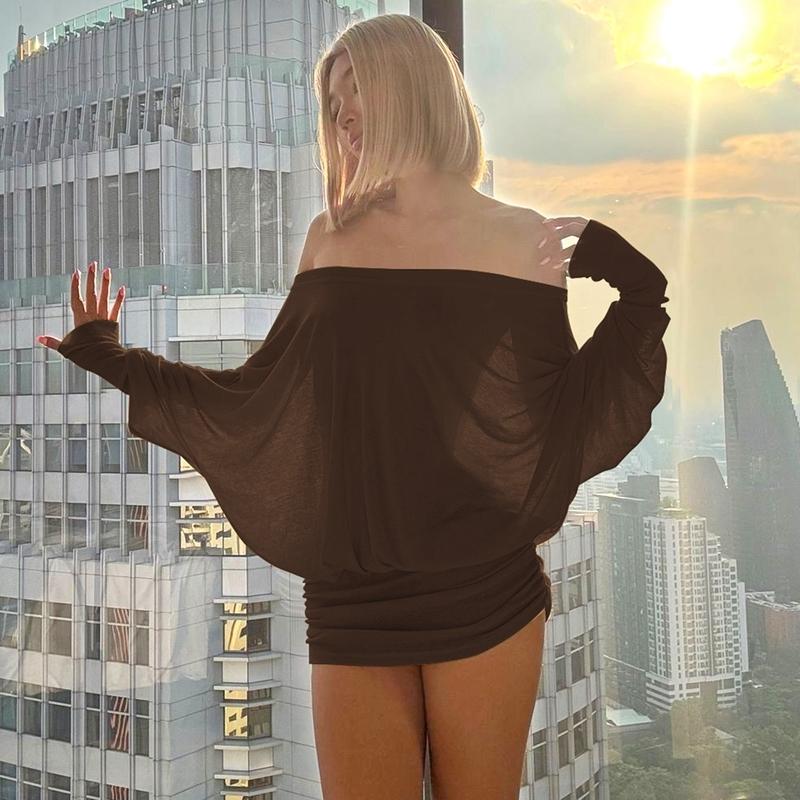 Women'S Sexy Off-the-Shoulder Long Sleeve Mini Dress - Solid Color Sheer Panel Party Clubwear, European & American Inspired Pleated Bandeau Dress for Spring/Autumn, Casual to Night Outfits, 2025 New Arrival (Sexy Off-Shoulder