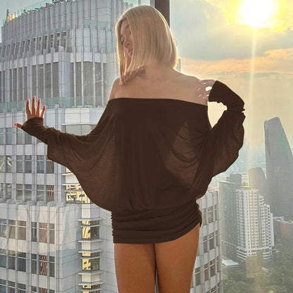 Women'S Sexy Off-the-Shoulder Long Sleeve Mini Dress - Solid Color Sheer Panel Party Clubwear, European & American Inspired Pleated Bandeau Dress for Spring/Autumn, Casual to Night Outfits, 2025 New Arrival (Sexy Off-Shoulder