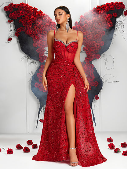 Sequin Spaghetti Strap V-Neck High-Waist Long Dress with Hollow-Out Back and Side Slit | Elegant Bodycon Evening Gown for Parties and Banquets