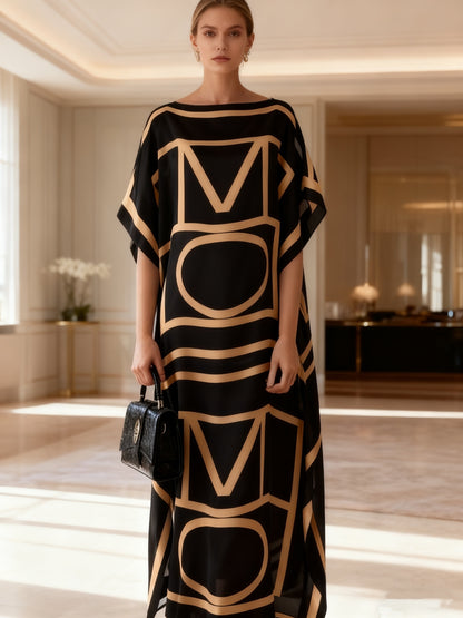Plus Size - Elegant Black And Golden Geometric Letter Print Kaftan Dress - Comes with a Matching Headpiece | Ideal for Chic Everyday Outfits And Fashion Occasions