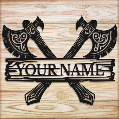 Custom Viking-Style Metal Wall Sign - Personalized Name with Crossed Axes Design, Black Aged Finish, Horizontal Rustic Metal Art for Living Room, Halloween, Christmas & Thanksgiving Home Decor