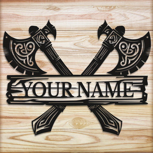 Custom Viking-Style Metal Wall Sign - Personalized Name with Crossed Axes Design, Black Aged Finish, Horizontal Rustic Metal Art for Living Room, Halloween, Christmas & Thanksgiving Home Decor