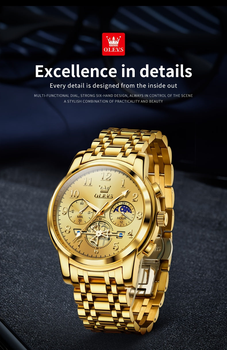 OLEVS Men's Luxury Multifunctional Quartz Watch - Stainless Steel Luminous Analog Watch with Moon Phase, Chronograph, Date/Day/24H Indicator, Golden-Tone & Bracelet for Business, Casual, Casual Attire - Dress Watch