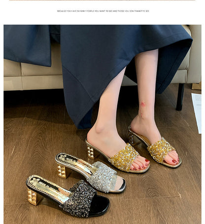 Women'S Chunky Heel Sandals - Slip-On Open-Toe High Heels with Ankle Strap, Golden Glamorous Party Shoes for Formal Events, Weddings, Nightouts - Cushioned Insole & Non-Slip PVC Sole - Available in Wide Widths (Women'S Summer