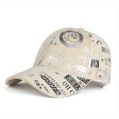 1pc Christmas Reflective Baseball Cap Adjustable Lightweight Polyester Vintage Distressed Six-Panel Street Style Cap with Random Print Patterns (Stars/Hearts/Music Notes) - Unisex Casual & Festive Holiday Accessory, Streetwea