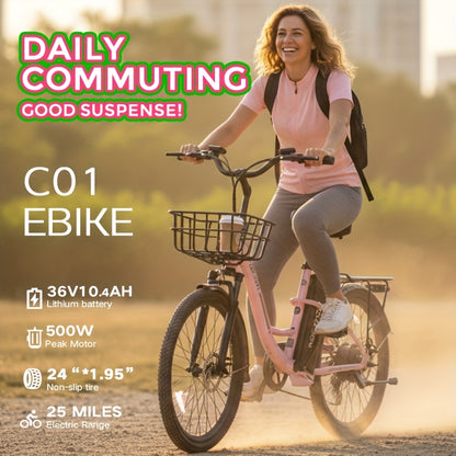 Cruiser Electric Bike For Women, 500W Motor 36V/10.4Ah Removable Battery, 25-40 Miles 20MPH, 24 Inch Electric Bike High-Carbon Steel Frame, 7-Speed With Front Basket -Beach Commuter Ebike For Adults, Ebike With Basket, Sakura