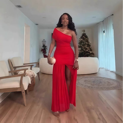 Elegant Mermaid/Trumpet Long Dress - Sleeveless Asymmetrical Slanted Collar & Slit Hem, Slim Fit -Length Party Wedding Guest Gown, Prom Dress for Themed Events, Daily Wear (No Feathers)