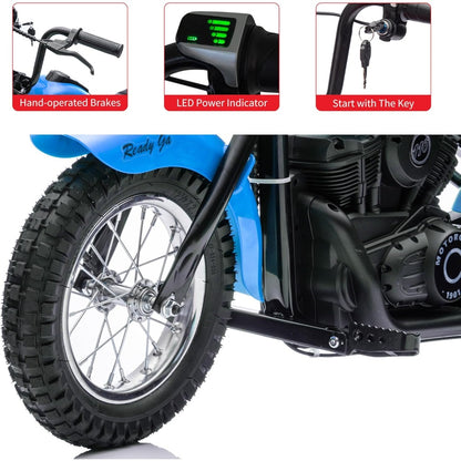 Children's Electric Dirt Bike 24V, Maximum Load Capacity 150 Lbs, 15 Mph Speed, Chain Drive Motor with 12-inch Pneumatic Tires, Handbrake and Shock Absorbers, LED Lights, Battery Indicator, Suitable for Boys and Girls Ride on