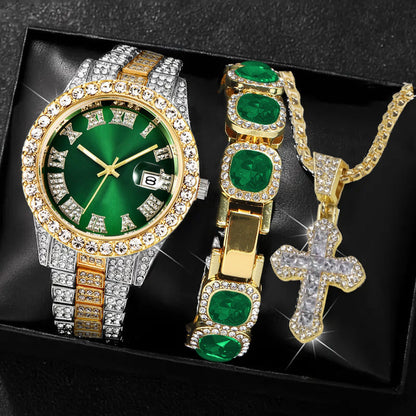[Men's Watch Set] Luxury Men's Watch Set, Including Artificial Gemstone Bracelet and Cross Necklace, Roman Numeral Watch, Inlaid with Artificial Rhinestones, Perfect Gift for Men, Party Essentials