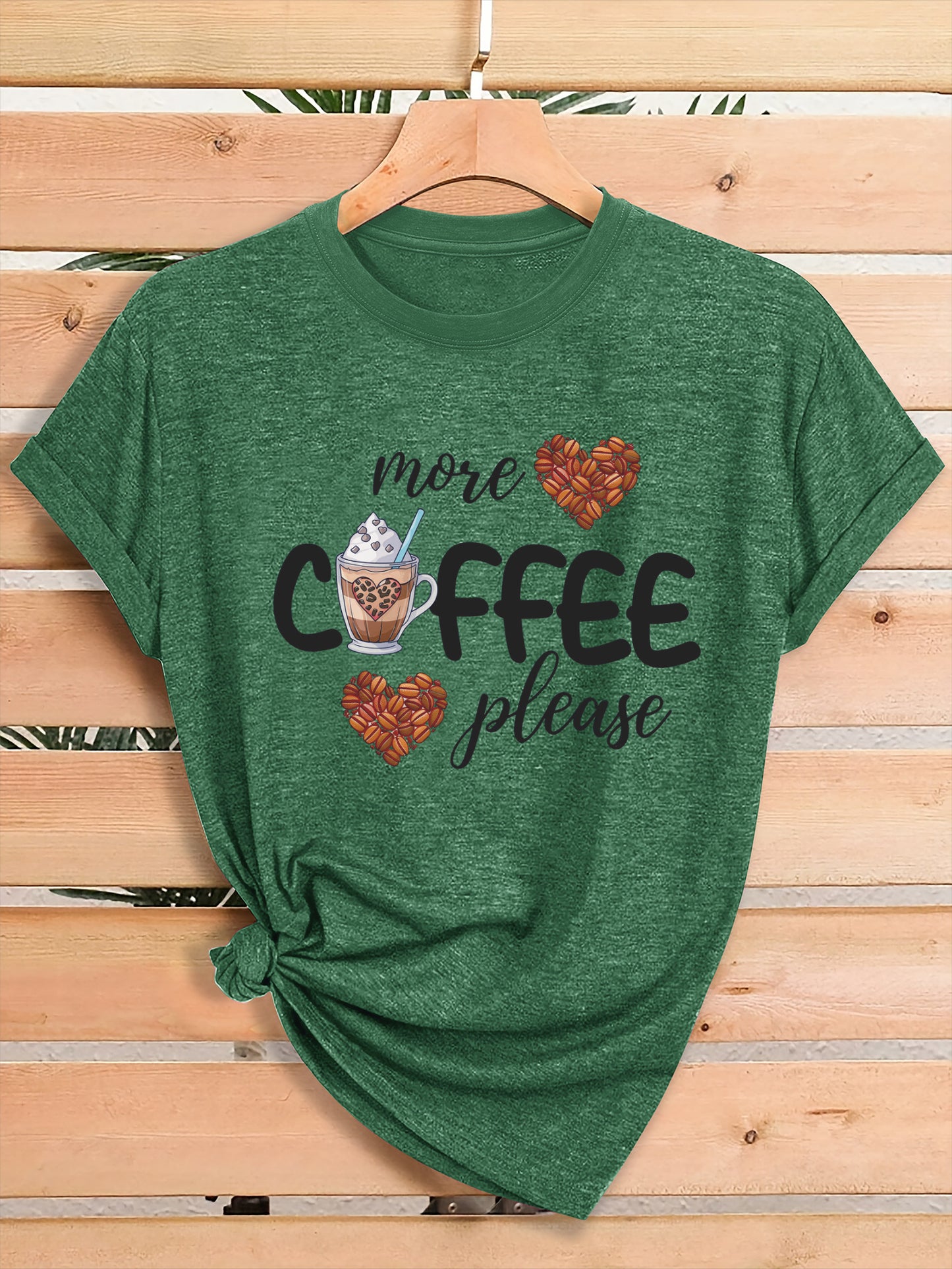 Women'S Coffee Lover Graphic T-Shirt - "More COFFEE Please" Print with Coffee Beans & Heart Eyes - Soft Stretch Round Neck Casual Streetwear Top for Gym, Casual Attire & Coffee Shop Outfits - All-Season Comfort Fit Tee, Coffe