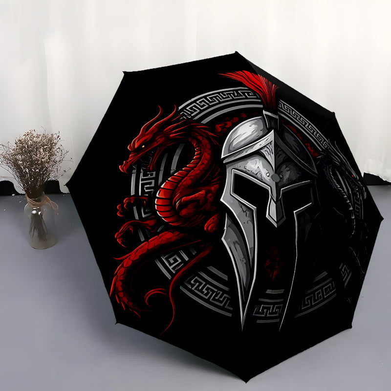 Spartan Warrior 2 Automatic Folding Umbrella - 8-Rib Durable Windproof Design, Portable Travel Umbrella with Red & Black Spartan Warrior Artwork, Ideal Gift for Men, Travel Umbrella, Gift Item, Bold Graphic Design, Sturdy Con