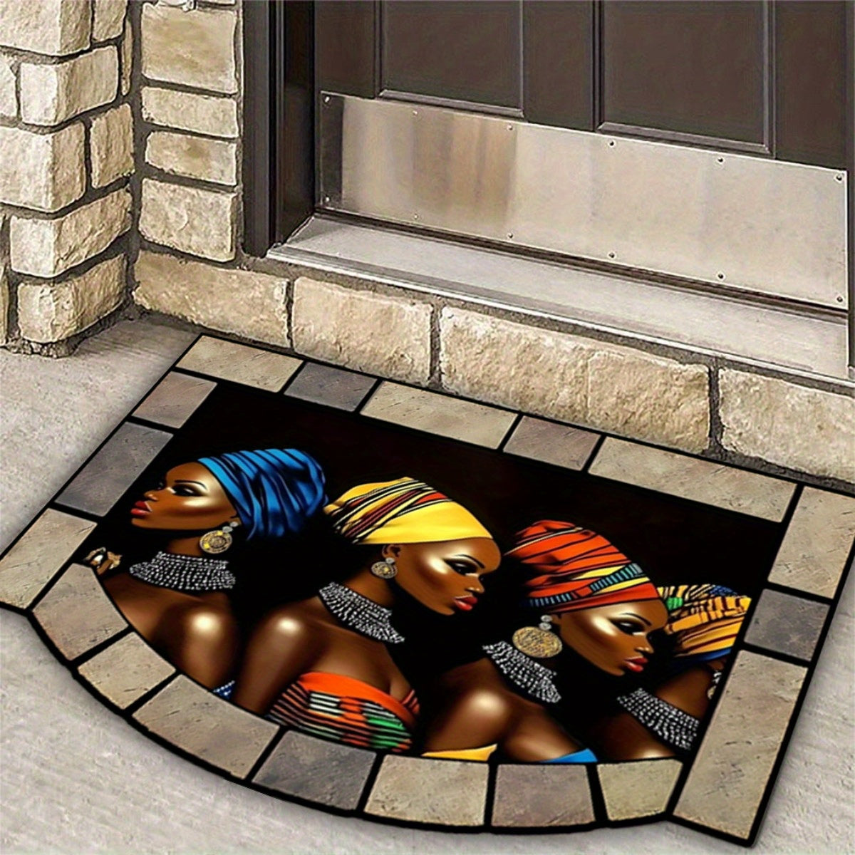 1pc African Tribal Door Mat - Heavy-Duty 850gsm Thick Mat with African Women & Tribal Patterns, /BrownRed/Orange - for Home Gym, Entryway - Machine-made Polyester Mat - Ideal For Halloween, Christmas, Thanksgiving, New Year'S