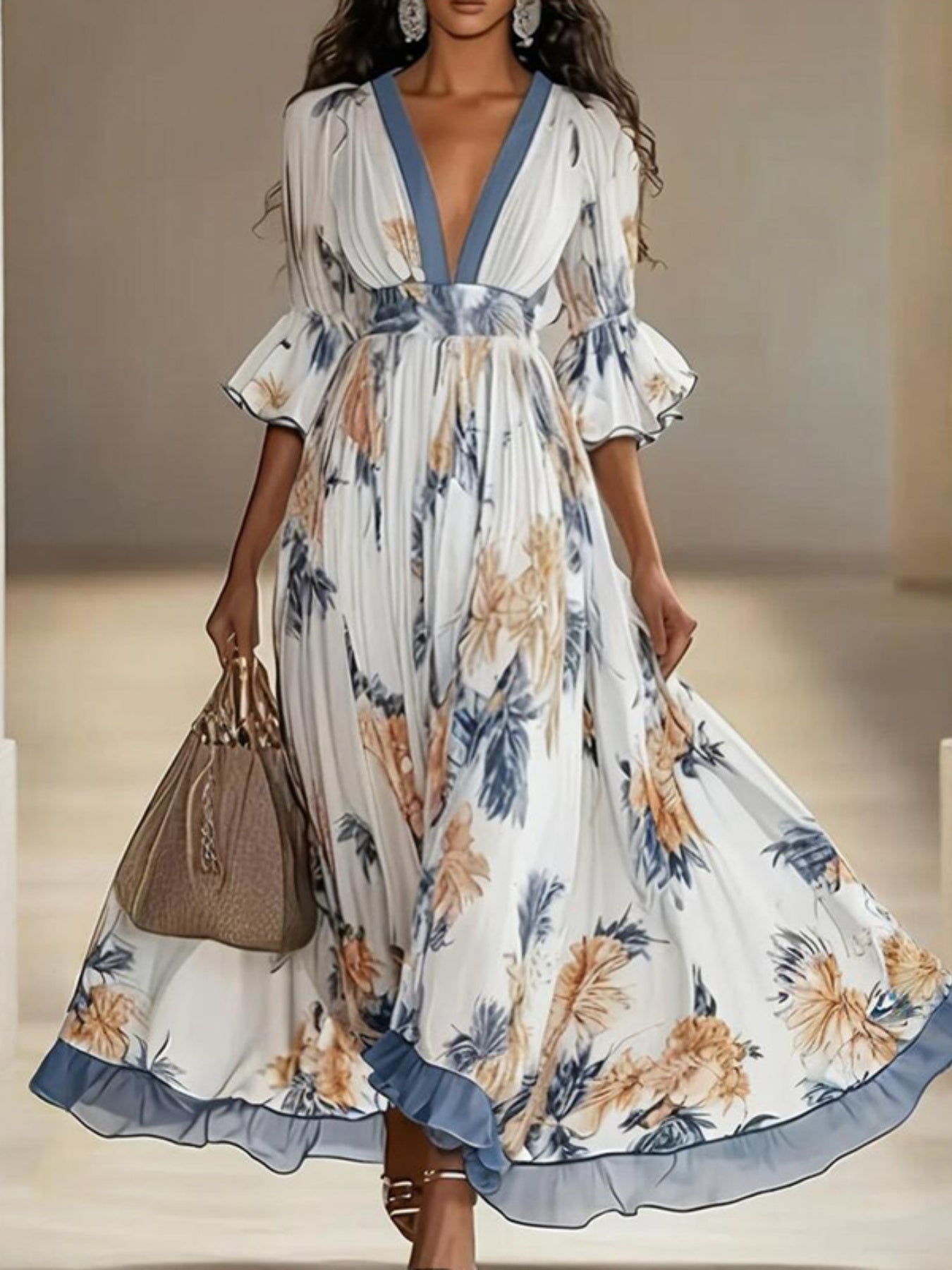 Women'S Maxi Dress with Deep V-Neck and Flare Sleeves, Floral Print | Elegant Flowy Silhouette, Exquisite Details, Romantic Floral Patterns, Perfect for Wedding Guests, Parties, and Evening Events, SCACTO Brand