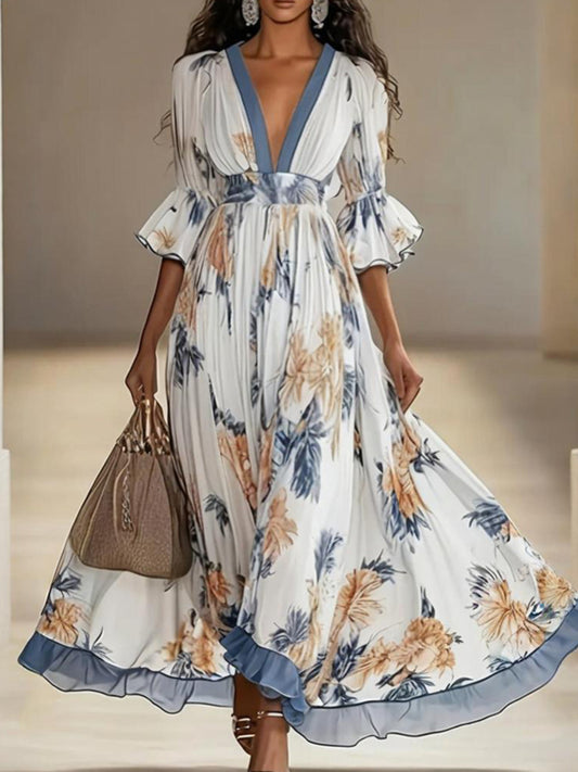 Women'S Maxi Dress with Deep V-Neck and Flare Sleeves, Floral Print | Elegant Flowy Silhouette, Exquisite Details, Romantic Floral Patterns, Perfect for Wedding Guests, Parties, and Evening Events, SCACTO Brand