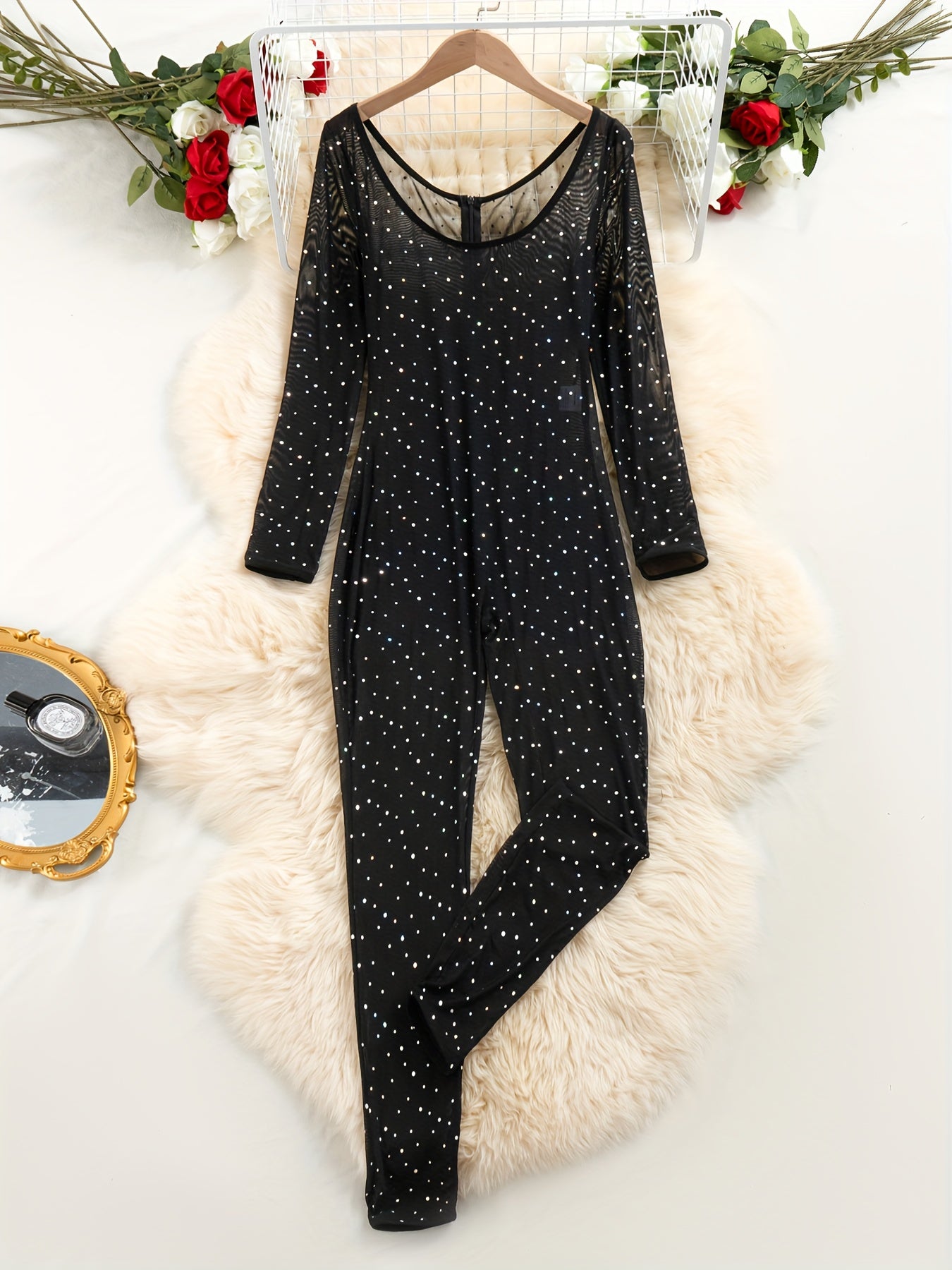 Women'S Elegant Sexy Black Sequin & Mesh Onesie - Lace Trim Full Coverage Bodysuit, Stretchy Elegant Party Outfit for Nightclub, Formal Events, Photo Shoots - Sexy Clubwear Clothing for Women Adults, Sexy Clothes for Women, N