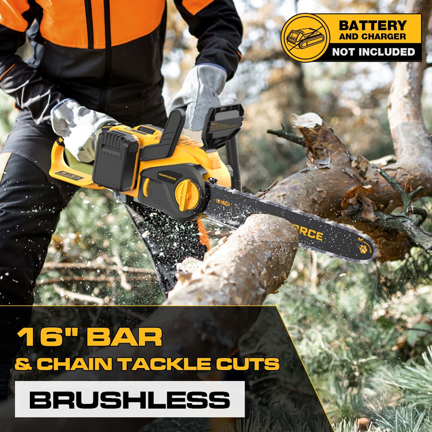 AMPFORCE 16-Inch Brushless Chainsaw 36V, Compatible With DewaIt Battery, Brushless Motor 8000RPM, Chains Brake, Auto Lubrication, Compact Design, Ideal For Efficient Wood/Tree Cutting And Pruning, Bare Tool (Without Battery)