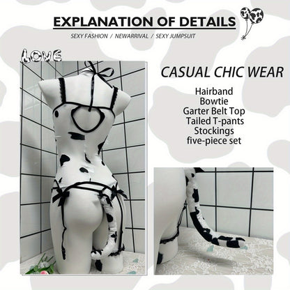 Sexy Sheer Translucent Jumpsuit Suit - Elastic Bodysuit with Matching Shorts & Pantyhose, Headband Bow Suspender Belt - 5pcs Outfit for /, Costumes for halloween, Christmas Parties, Year-Round Wear (Novelty)