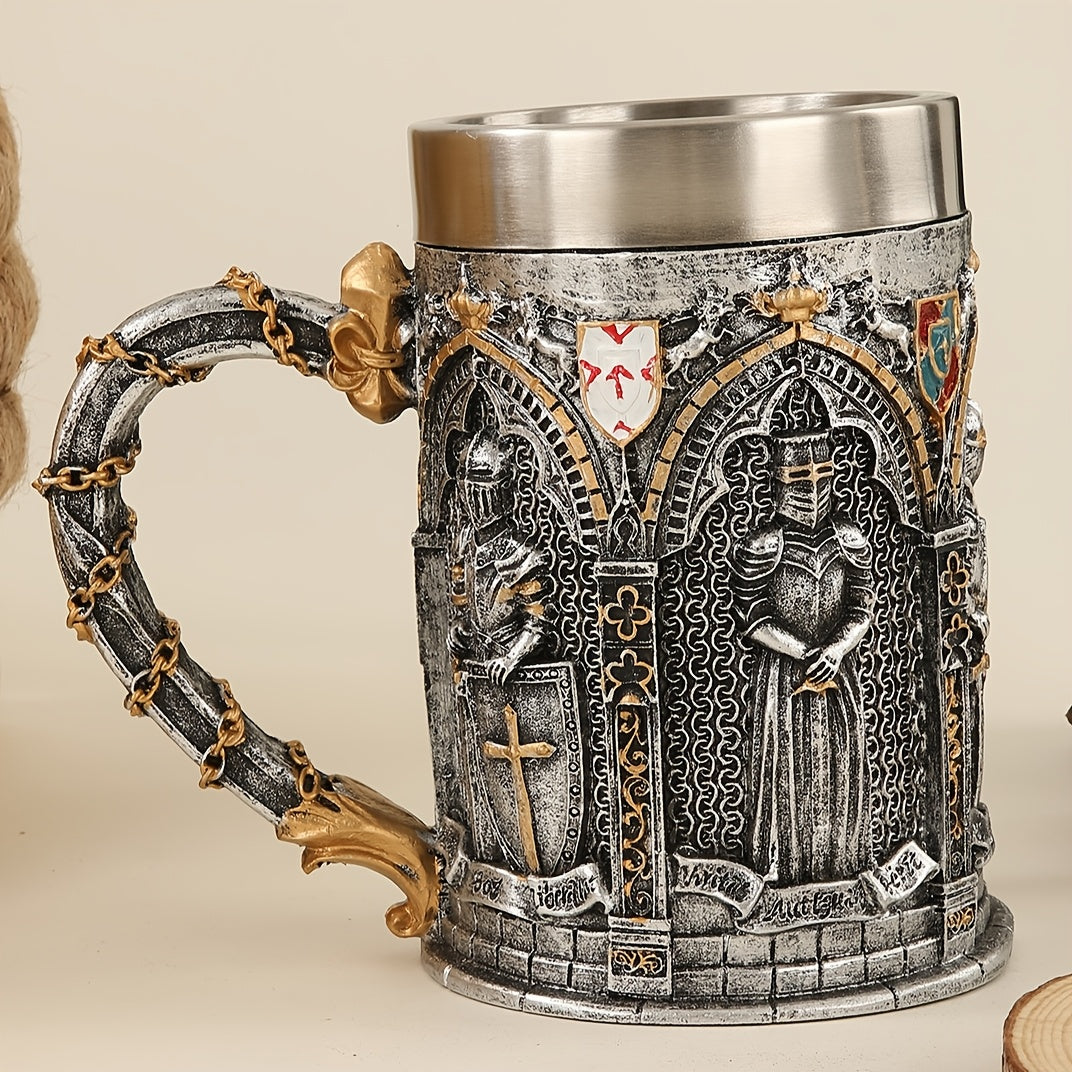 Medieval Knight Stainless Steel Mug with Gothic Castle & Chainmail Design - Heavy-Duty 201 Stainless Steel Cup, Golden ccent Lid & Chain Ring Handle for Renaissance Fairs, Themed Parties, Role-Play Events (Hand Wash Only) - D