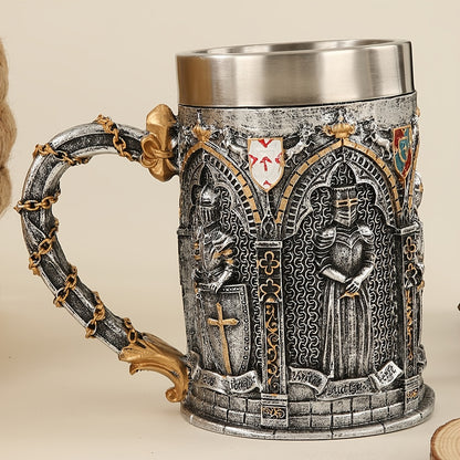 Medieval Knight Stainless Steel Mug with Gothic Castle & Chainmail Design - Heavy-Duty 201 Stainless Steel Cup, Golden ccent Lid & Chain Ring Handle for Renaissance Fairs, Themed Parties, Role-Play Events (Hand Wash Only) - D
