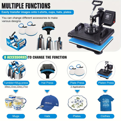 8in 1 Heat Press Machine Multifunctional, 15"x12" T Shirt Press Machine, 360° Rotation Shirt Press Machine Sublimation Heat Transfer for T Shirts Mug Hat Plate