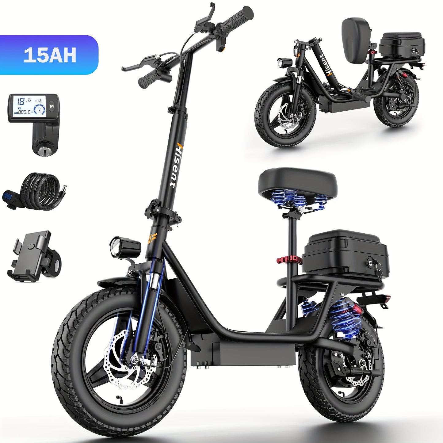 Hisent Adult Electric Scooter- 20 Mph, 740W Peak Motor, 10Ah/15Ah Lithium Battery, 15-40 Mile Range, 14 Foldable With Seat And Storage Box, Dual Suspension, Dual Brake System, Ample Storage, Alloy Steel Frame Durable, Commute