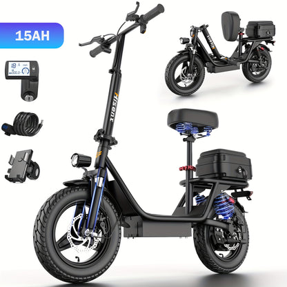 Hisent Adult Electric Scooter- 20 Mph, 740W Peak Motor, 10Ah/15Ah Lithium Battery, 15-40 Mile Range, 14 Foldable With Seat And Storage Box, Dual Suspension, Dual Brake System, Ample Storage, Alloy Steel Frame Durable, Commute
