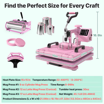 5/8 in 1 Heat Press Machine | 12x15/15x15 Inch Sublimation Heat Press, 360° Swing Away Digital T-Shirt Pressing, Includes 30OZ & 20OZ Tumbler Press, Multifunction Combo for Hat, Cap, Plate - SUTECK, Metal, 110V