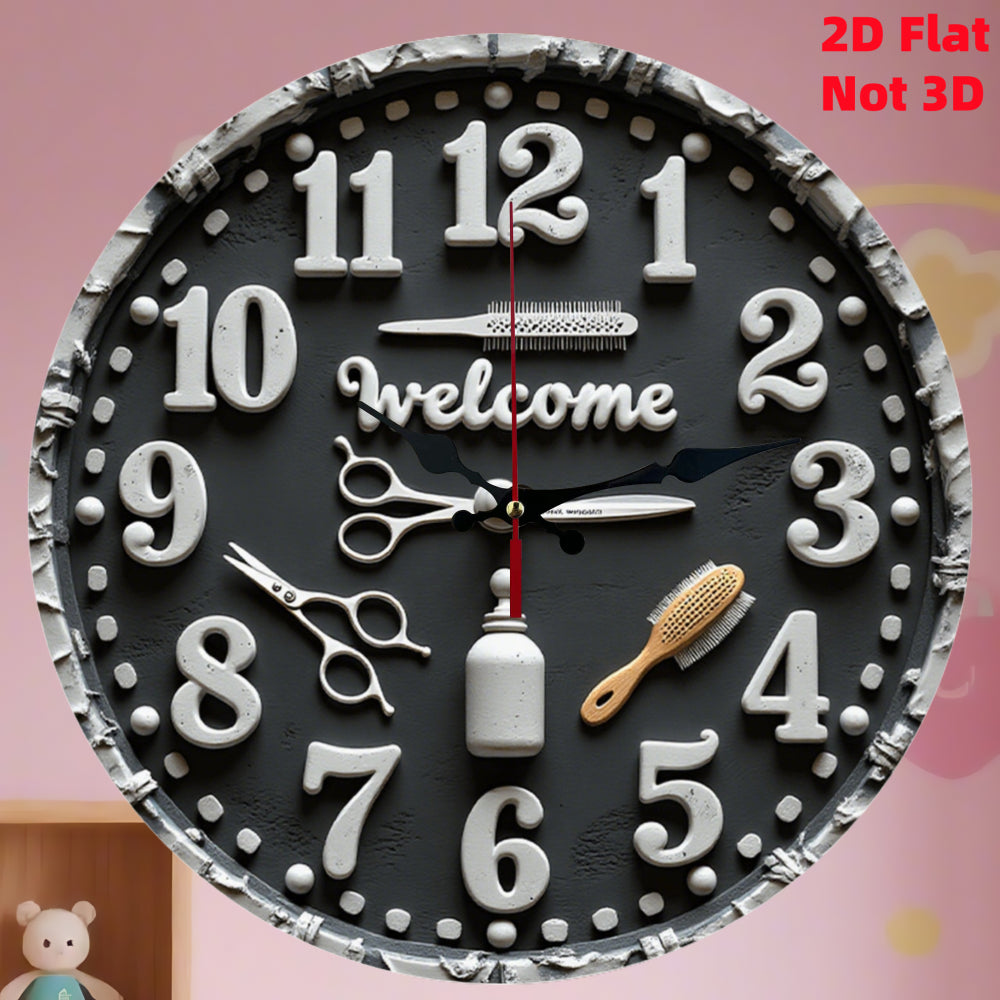 1pc Barber-Themed Wall Clock with Haircut Tools Design - Silent Non-Ticking Japanese Quartz Movement, Black & White Barber Pole & Scissors Hands, 9.84 Inch Round Plastic/Wood/Metal Construction for Home, Office, Salon Decor -
