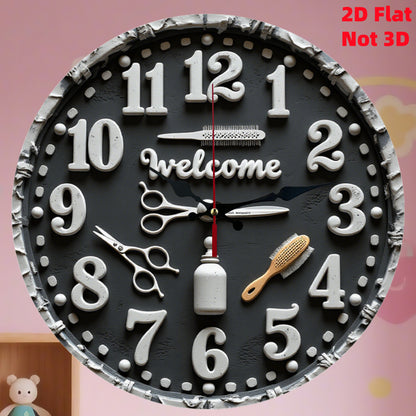 1pc Barber-Themed Wall Clock with Haircut Tools Design - Silent Non-Ticking Japanese Quartz Movement, Black & White Barber Pole & Scissors Hands, 9.84 Inch Round Plastic/Wood/Metal Construction for Home, Office, Salon Decor -