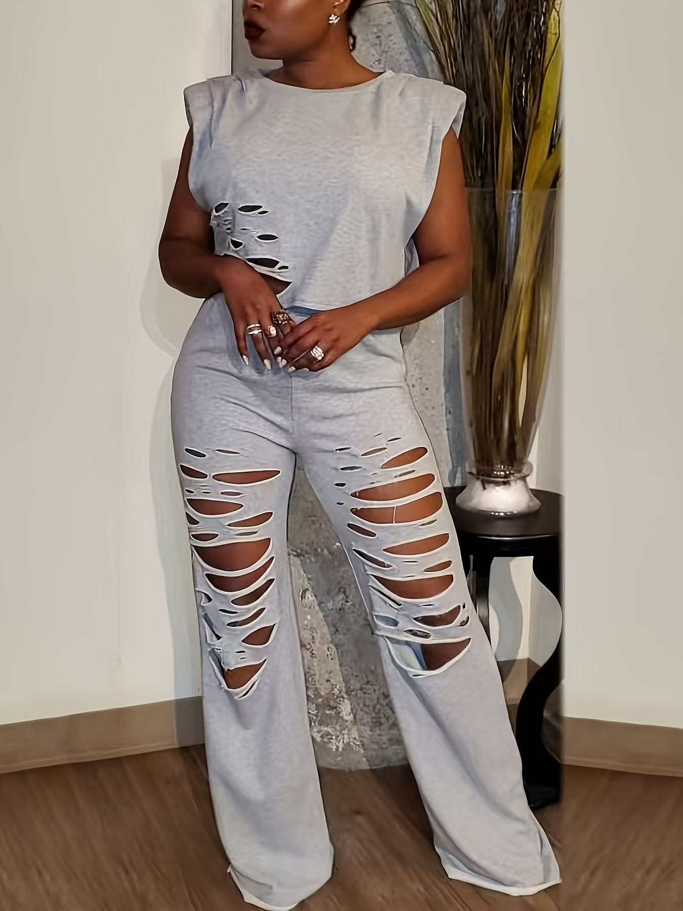 Distressed Burnt-Out Set - Women's Sleeveless Sweatshirt and Pants