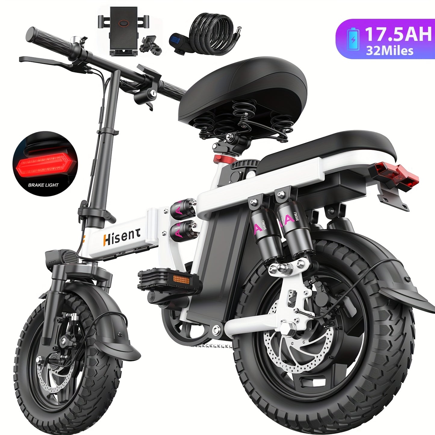 Hisent 740W Folding Electric Bike Is Suitable for Both Adults And Teenagers.14" Tires, 740W Brushless Motor, 48V 6A/10A/15A/17.5A Lithium Battery, Range Of 8-35 Miles, Multiple Shock Absorbers, Alloy Steel Frame, LCD Display